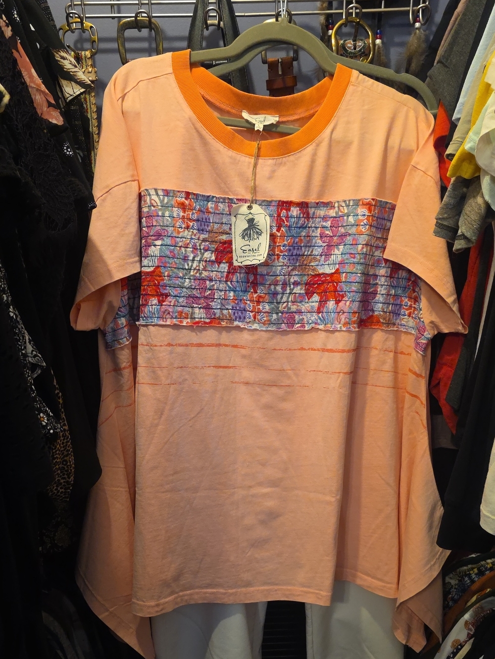 Peach Short Sleeve Top with Floral Smocked Panel
